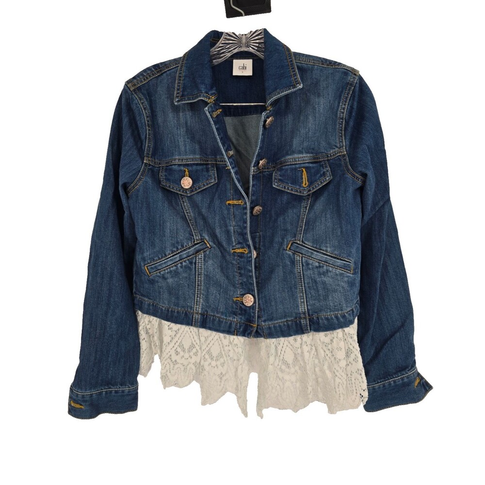 CAbi #5297 Dakota Denim Jean Jacket Detachable Lace Peplum Size Small
